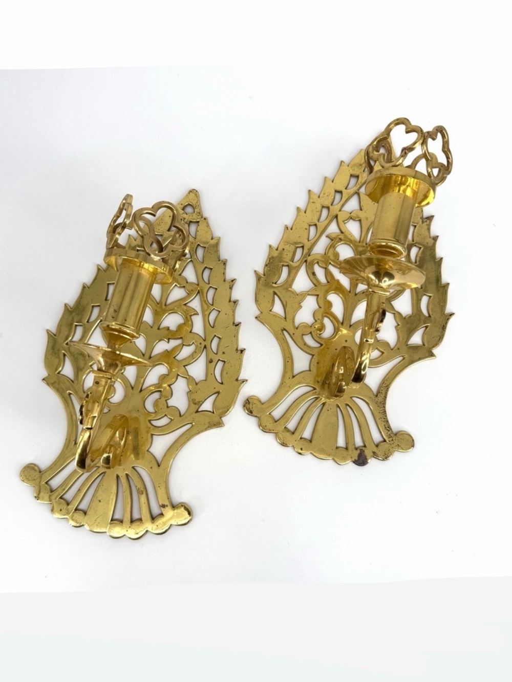 Baldwin Brass Gothic Revival Ornate Brass Quatrefoil Candle Sconces Vintage Set